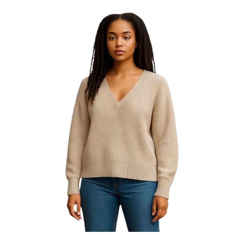 Aerie V-Neck Pullover Cotton Sweater Baggy Small Sandlewood Neutral Chunky Knit
